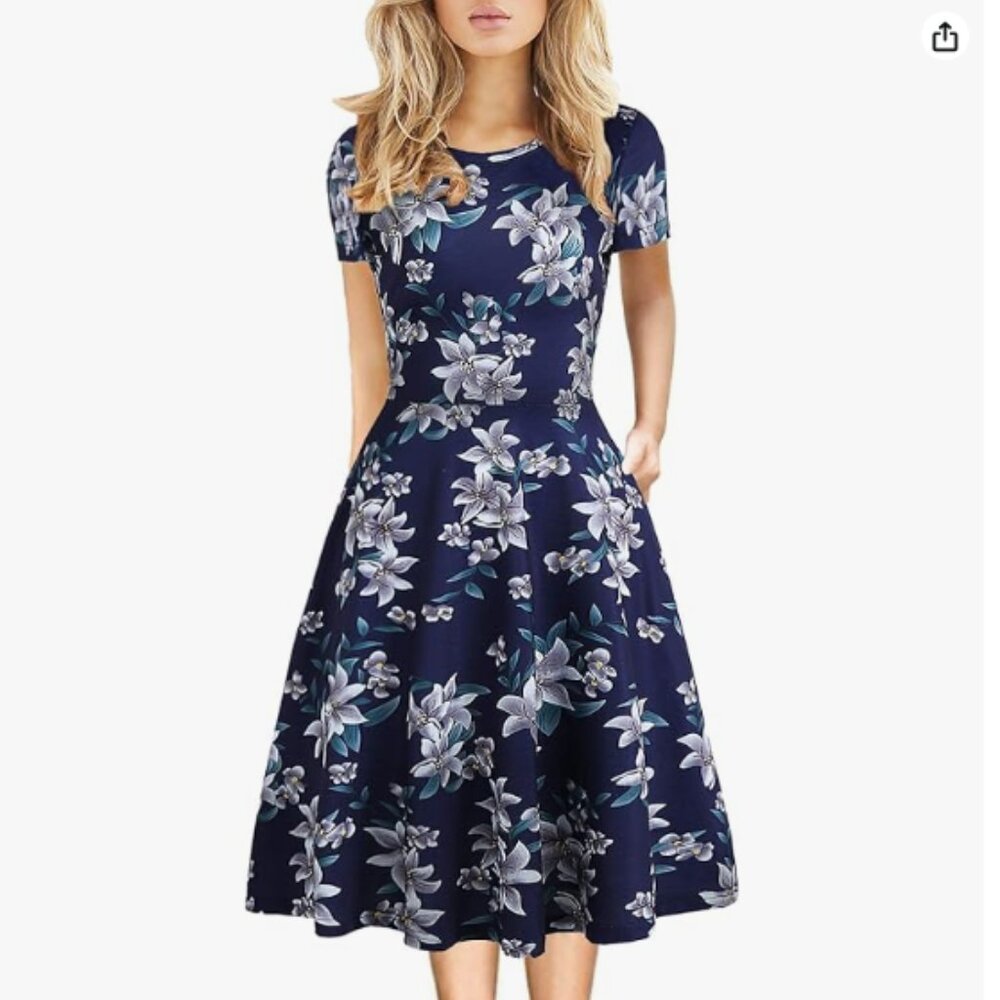 Women's Elegant Knee Length Dresses Vintage 50s Office Casual Floral Print Work